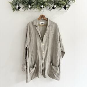 Flax 100% Linen Striped Lagenlook Button Down Oversized Top Large S6638
